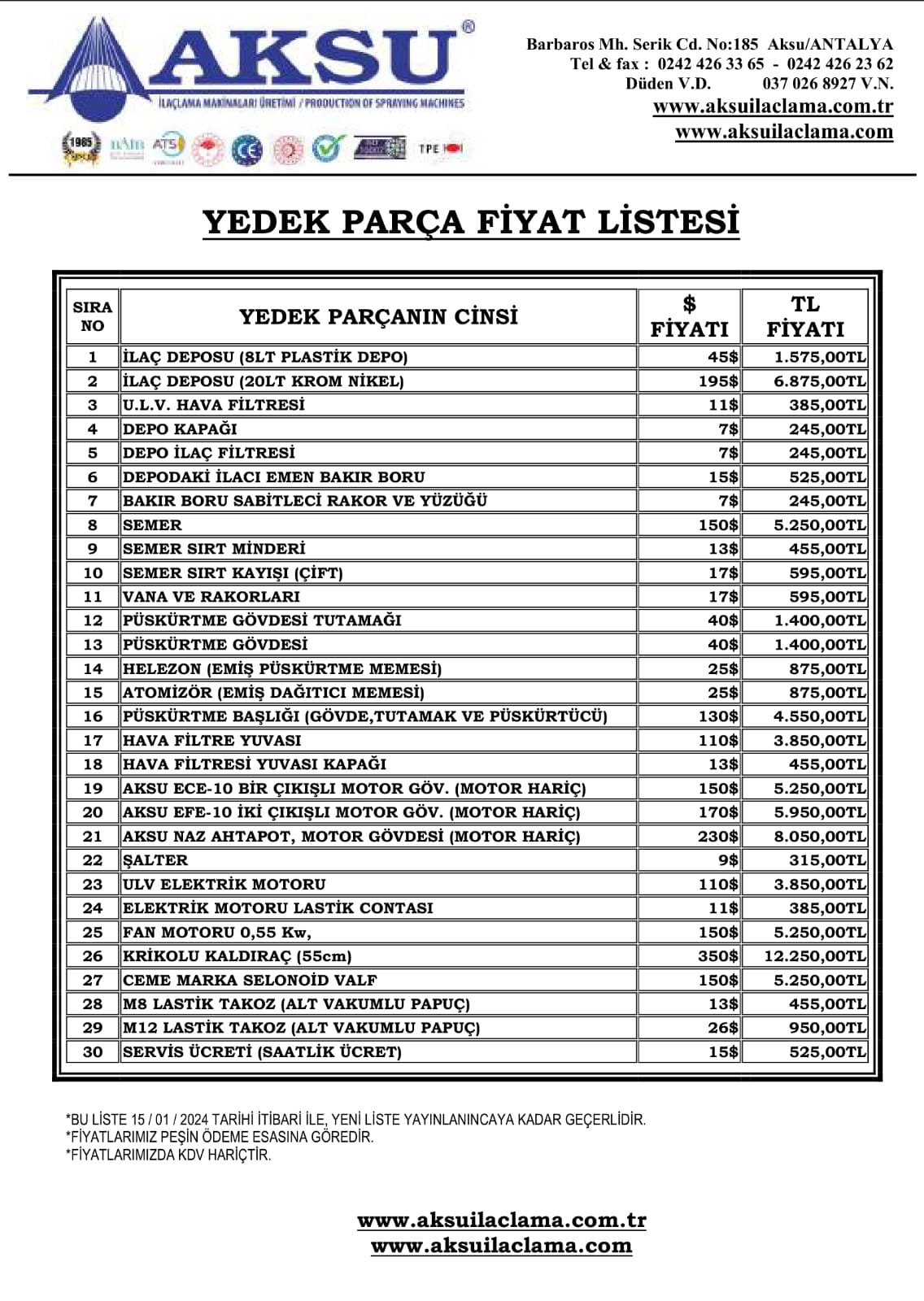 Yedek Parça Fiyat Listesi